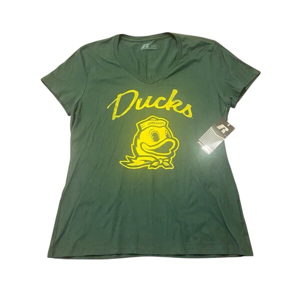 University Of Oregon Ducks V-neck T-Shirt Green Womens L Russell NWT - Picture 1 of 8